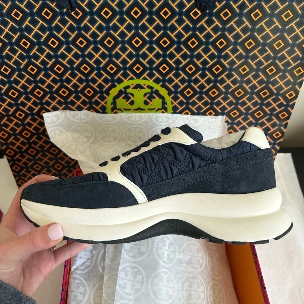 Tory Burch Kick Trainer Sneaker Size 6 Tory Navy White Blue Satin
